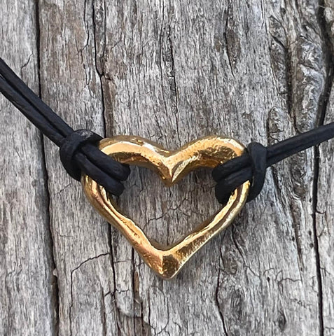 Handmade Bronze Heart Choker on 1 MM Antique Brown Leather Cord with Loop and Pearl Closure