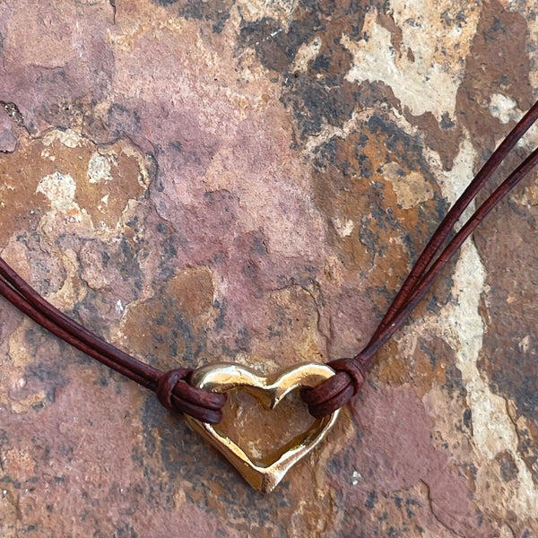 Handmade Bronze Heart Choker on 1 MM Antique Brown Leather Cord with Loop and Pearl Closure