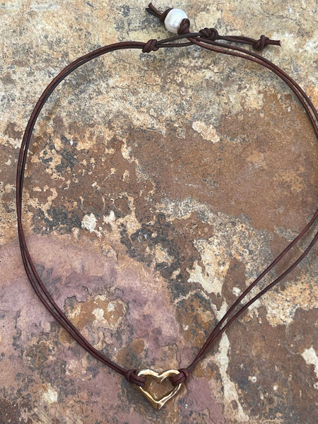 Handmade Bronze Heart Choker on 1 MM Antique Brown Leather Cord with Loop and Pearl Closure