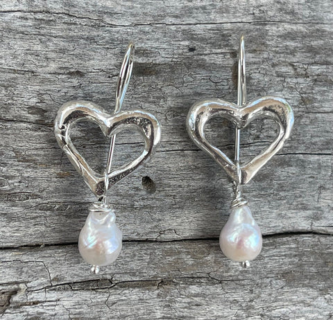 Sterling Silver Heart Earrings with Baroque Pearls