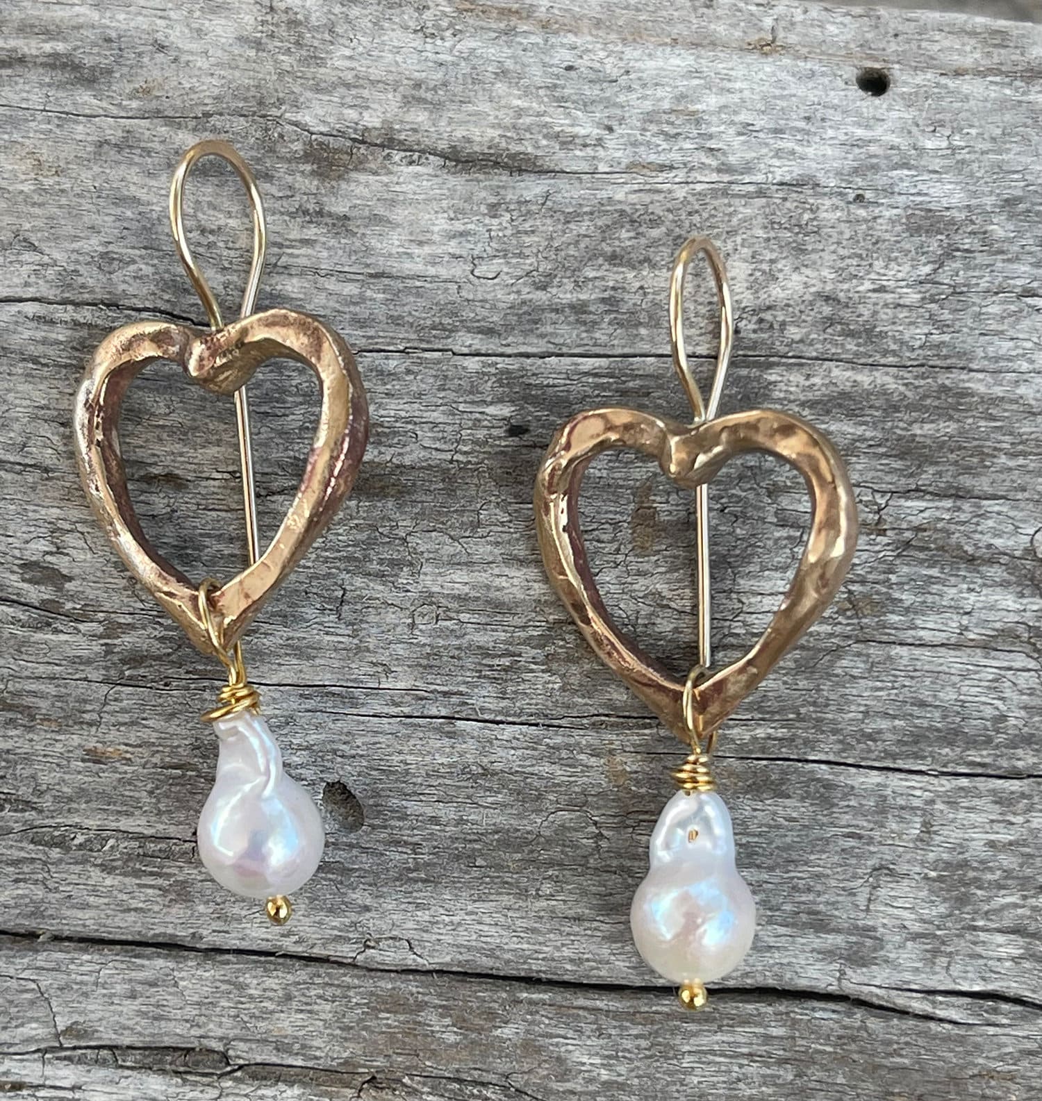 Bronze Heart Earrings with 14K GF Ear Wire and Baroque Pearls