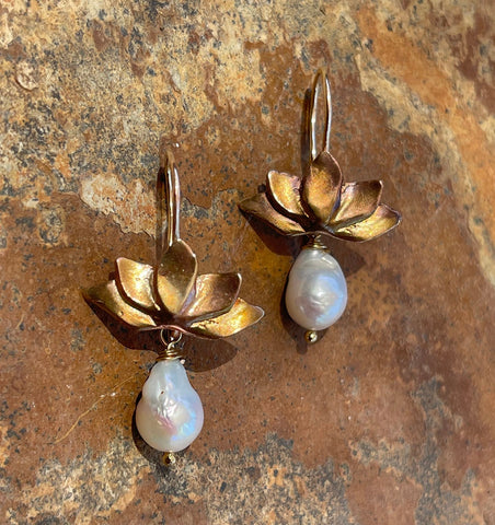 Bronze Lotus Earrings with 14K GF Ear Wire and Baroque Pearl Drop