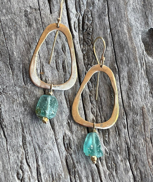 Bronze Organic Triangle Earrings with Roman Glass Drop