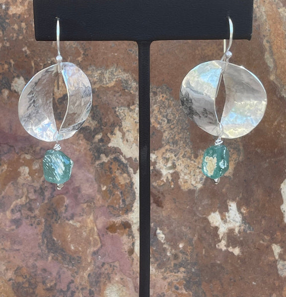 14K GF Hammered and Split Circle Earrings with Roman Glass Drop