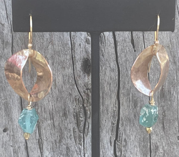 Sterling Silver Hammered and Split Circle Earrings with Roman Glass Drop