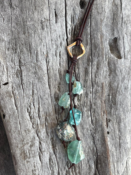 Handmade Organic Bronze Diamond Leather Adjustable Lariat Necklace with Variegated Roman Glass