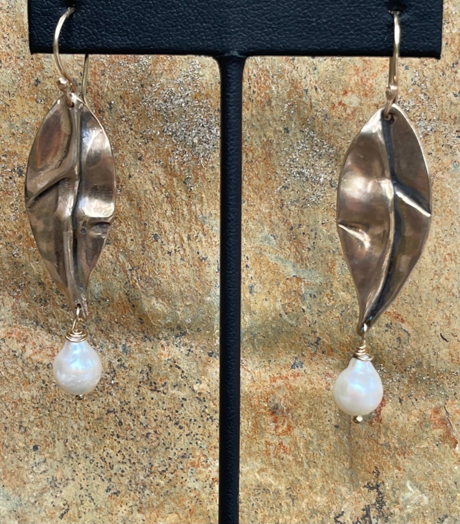 Handmade Bronze Organic Leaf Earrings with Flame Ball Pearl Drop