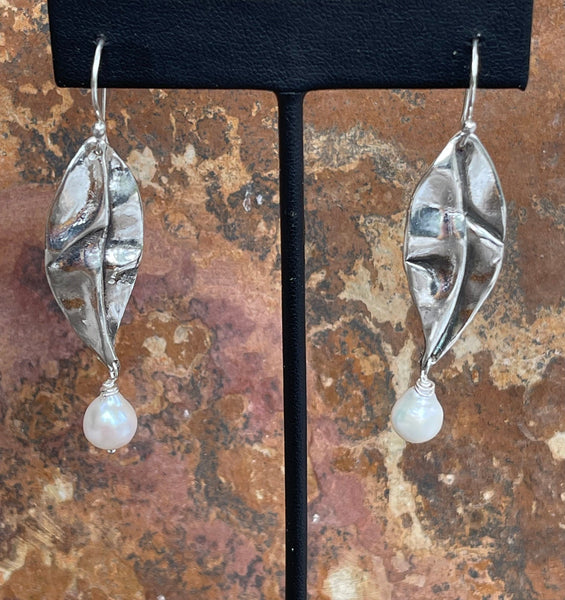 Handmade Bronze Organic Leaf Earrings with Flame Ball Pearl Drop