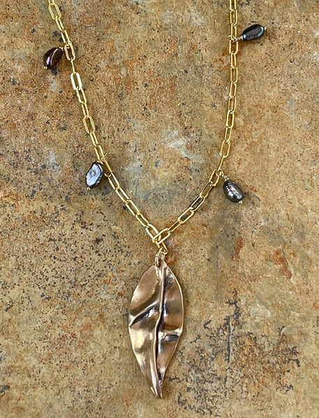 Sterling Silver Organic Folded Leaf Necklace on Sterling Silver Paper Clip Chain