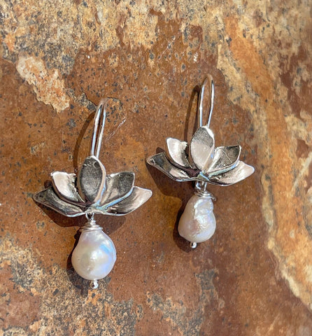 Sterling Silver Lotus Earrings with Baroque Pearl Drop