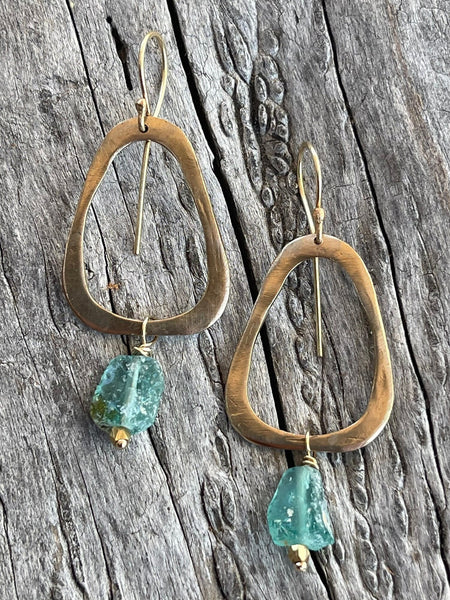 Bronze Organic Triangle Earrings with Roman Glass Drop