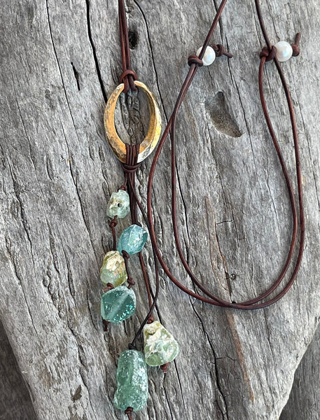 Handmade Bronze Organic Diamond Leather Adjustable Long Lariat Necklace with Roman Glass