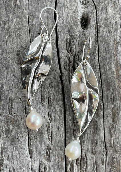 Handmade Bronze Organic Leaf Earrings with Flame Ball Pearl Drop