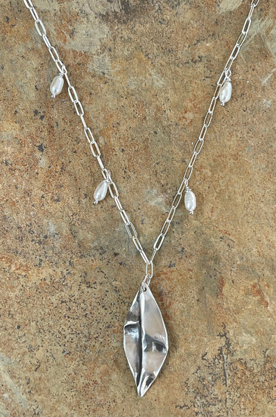 Sterling Silver Organic Folded Leaf Necklace on Sterling Silver Paper Clip Chain