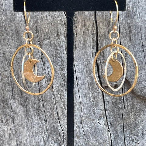 14K Gold Fill Crescent Moon Double Hoop Earrings with Sterling Silver 2nd Hoop