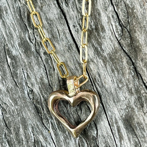 Bronze Organic Heart Pendant on 14K GF Paper Clip Chain