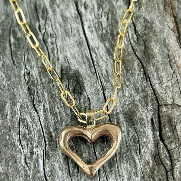 Bronze Organic Heart Pendant on 14K GF Paper Clip Chain