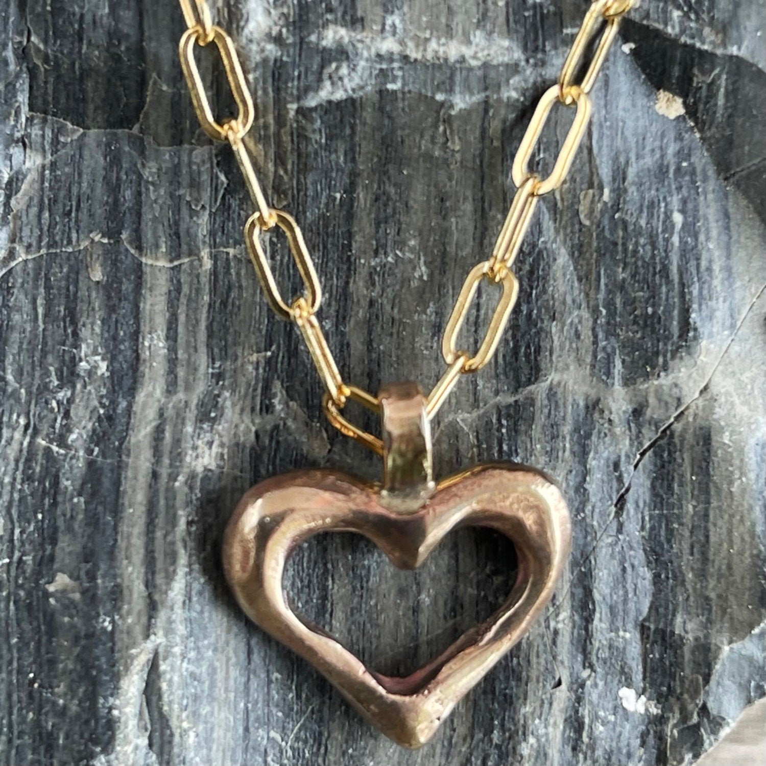 Bronze Organic Heart Pendant on 14K GF Paper Clip Chain