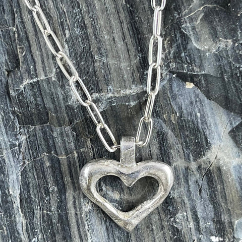 Sterling Silver Organic Heart Pendant on Sterling Silver Paper Clip Chain