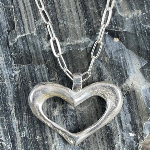 Sterling Silver Large Organic Heart Pendant on Sterling Silver Paper Clip Chain