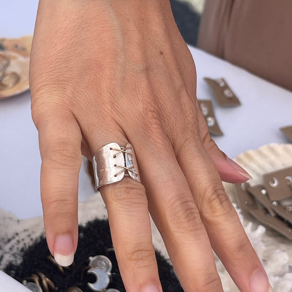 Silver Cuff Corset Ring with Gold Wire Lacing