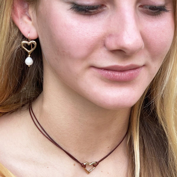 Handmade Bronze Heart Choker on 1 MM Antique Brown Leather Cord with Loop and Pearl Closure