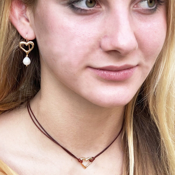 Handmade Bronze Heart Choker on 1 MM Antique Brown Leather Cord with Loop and Pearl Closure