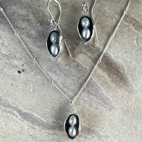 Sterling Silver Two Peas in a Pod Earrings with Two Seed Pearls