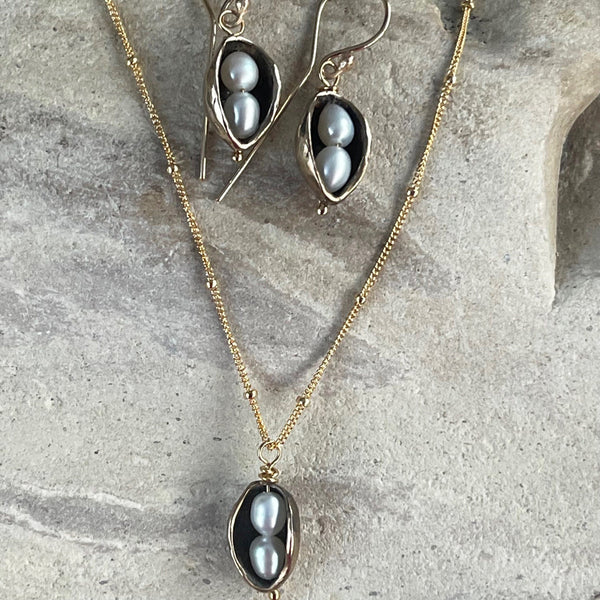 Handmade Bronze Two Peas in a Pod Necklace with Seed Pearls on 14K GF Saturn Chain