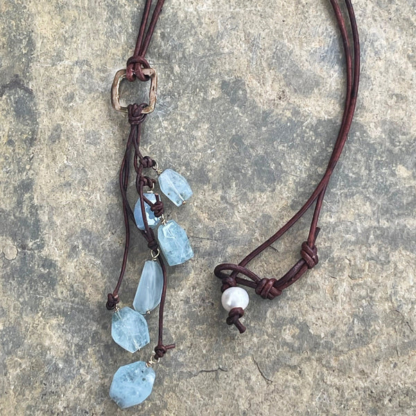 Handmade Organic Silver Diamond Leather Adjustable Lariat Necklace with Variegated Aquamarine Cluster