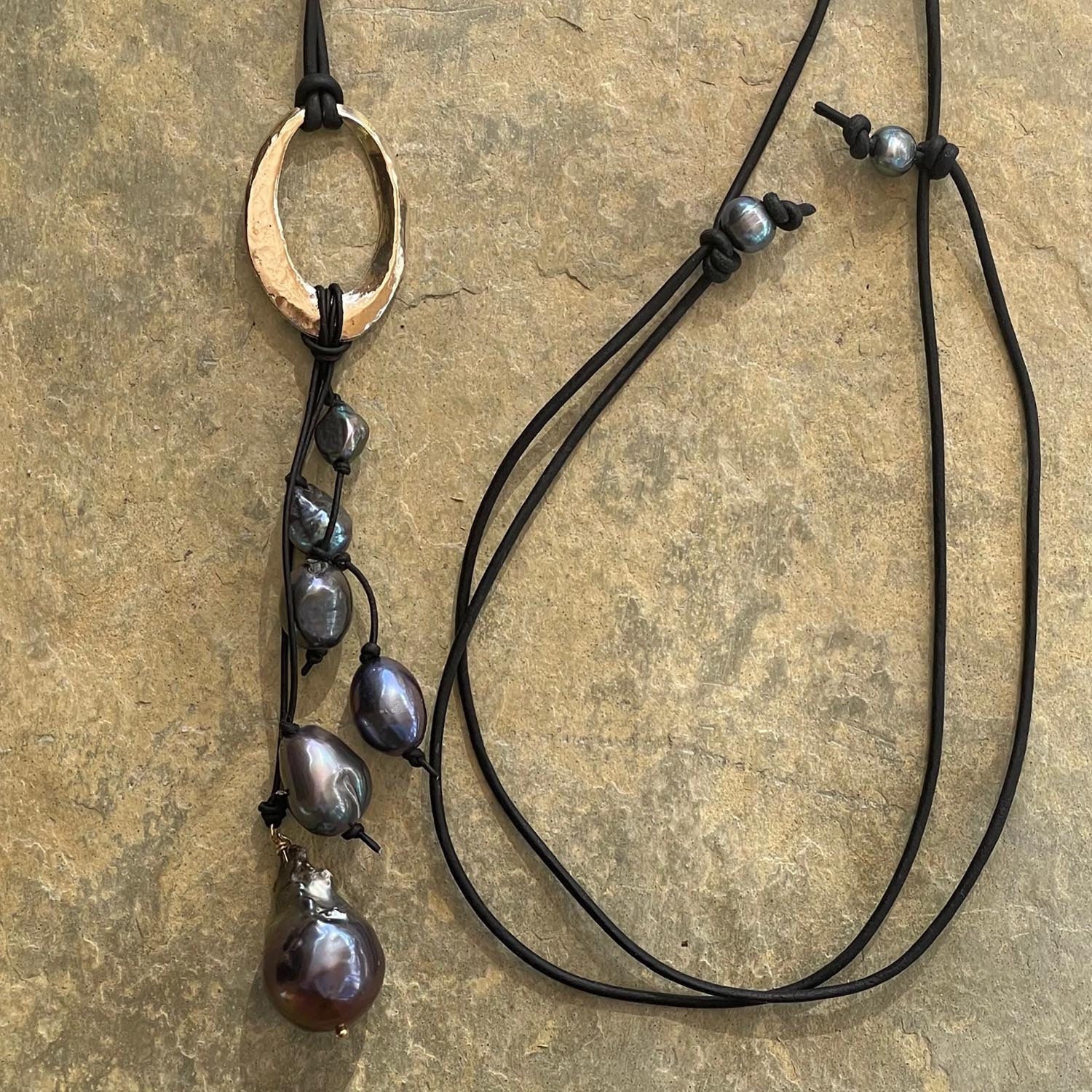 Handmade Bronze Organic Hammered Oval Leather Adjustable Long Lariat Necklace with Variegated Black Baroque Pearl's