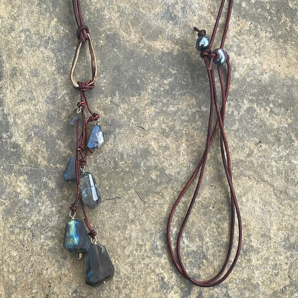 Handmade Organic Silver Diamond Leather Adjustable Lariat Necklace with Variegated Labradorite Cluster