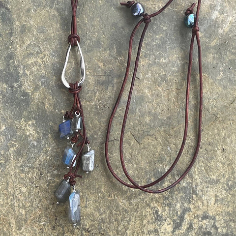 Handmade Sterling Silver Organic Diamond Leather Adjustable Long Lariat Necklace with Variegated Labradorite Cluster