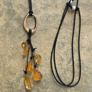 Handmade Bronze Organic Hammered Oval Leather Adjustable Long Lariat Necklace with Variegated Citrine Cluster