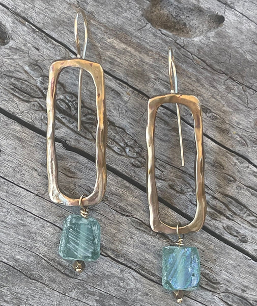 Handmade Bronze Organic Rectangle Earrings with Roman Glass Drop