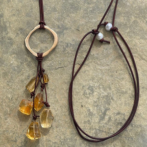 Handmade Bronze Hammered Circle Leather Adjustable Long Leather Lariat Necklace with Variegated Citrine Drop