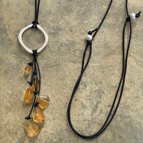 Handmade Sterling Silver Organic Circle Leather Adjustable Long Leather Lariat Necklace with Variegated Citrine Drop