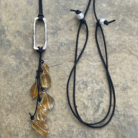 Handmade Sterling Silver Organic Rectangle Leather Adjustable Long Leather Lariat Necklace with Variegated Citrine Drop