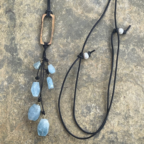 Handmade Bronze Organic Rectangle Leather Adjustable Long Lariat Necklace with Variegated Step Cut Aquamarine