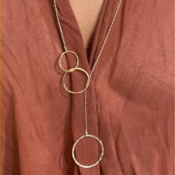 Mixed Metal Three Circles Long Lariat Trinity Necklace