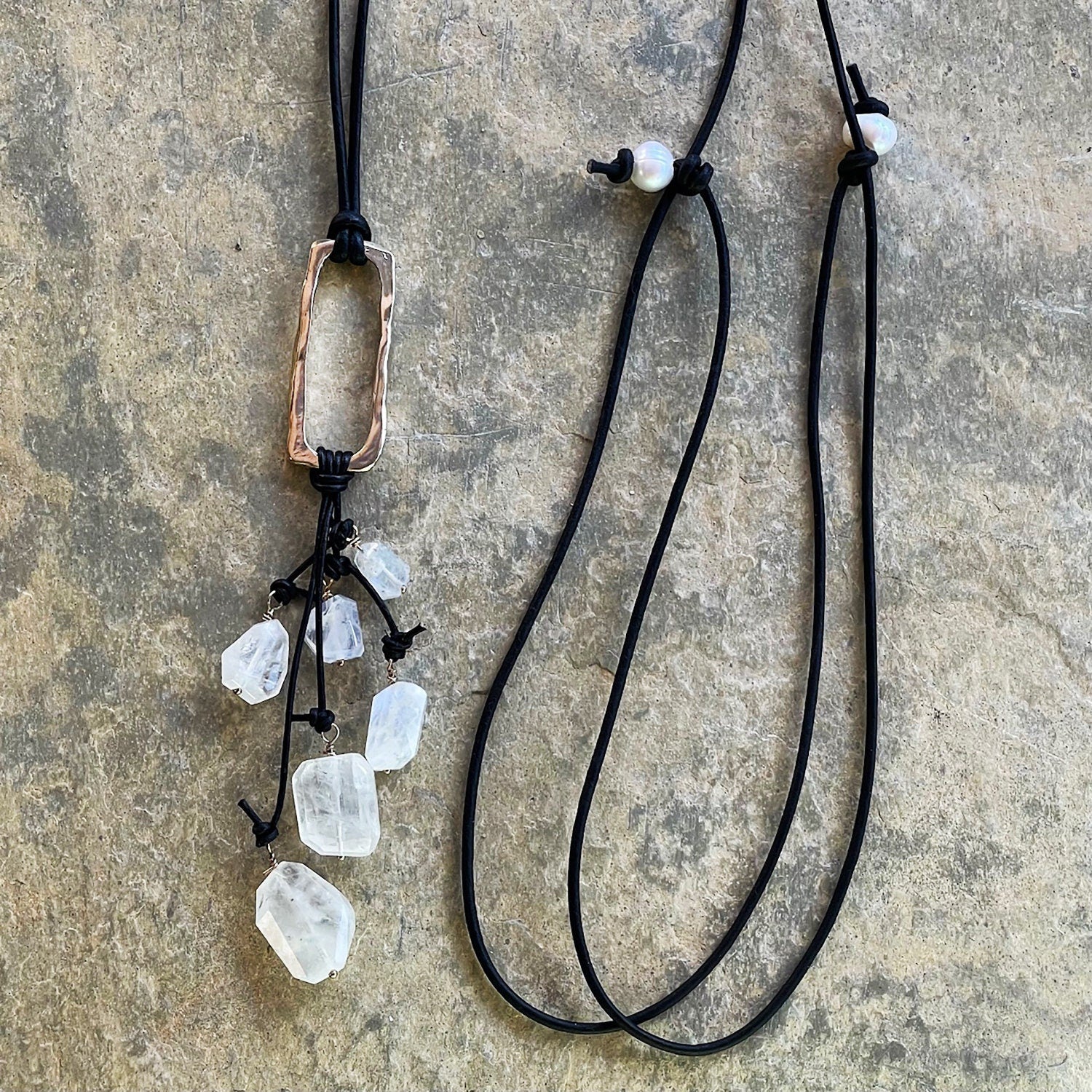 Handmade Bronze Organic Tear Drop Leather Adjustable Long Lariat Necklace with Variegated Moonstone Cluster