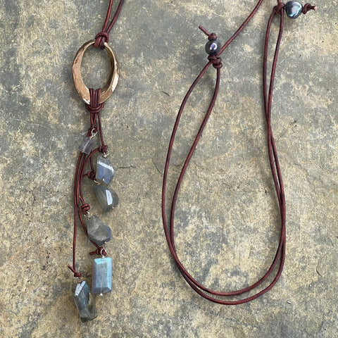 Handmade Bronze Organic Diamond Leather Adjustable Long Lariat Necklace with Variegated Labradorite Cluster