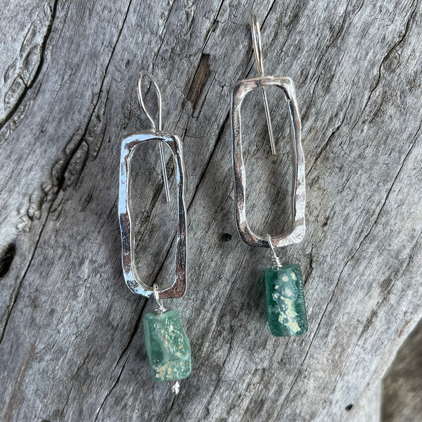 Handmade Bronze Organic Rectangle Earrings with Roman Glass Drop