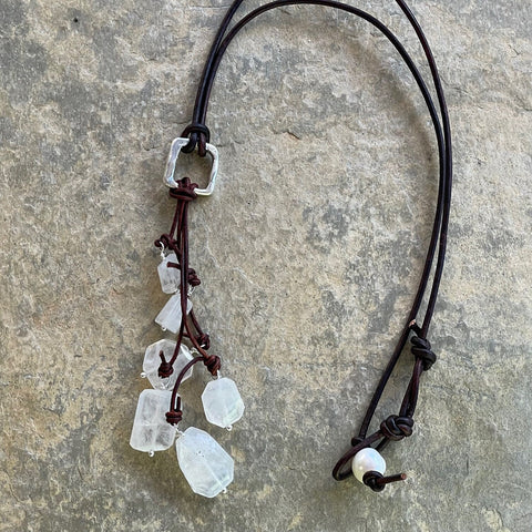 Handmade Organic Silver Diamond Leather Adjustable Lariat Necklace with Variegated Moonstone Cluster