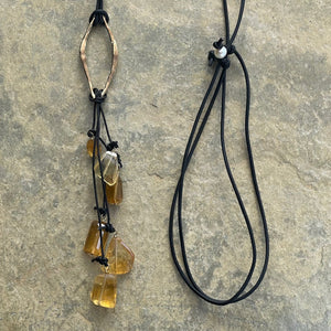 Handmade Bronze Hammered Organic Diamond Leather Adjustable Long Leather Lariat Necklace with Variegated Citrine Drop