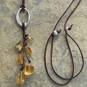 Handmade Sterling Silver Hammered Oval Leather Adjustable Long Leather Lariat Necklace with Variegated Citrine Drop