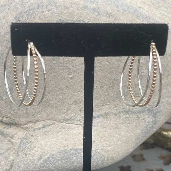 Hammered Double Hoop Sterling Silver Earrings with Gold Fillled Beaded Center Wire