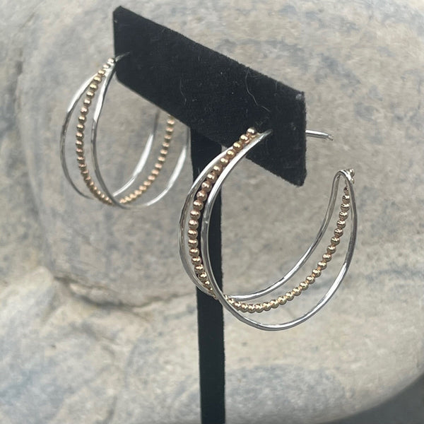 Hammered Double Hoop Sterling Silver Earrings with Gold Fillled Beaded Center Wire