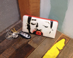 Leather Wallet Kiss Graffiti Print Zip Around with Chain Wristlet