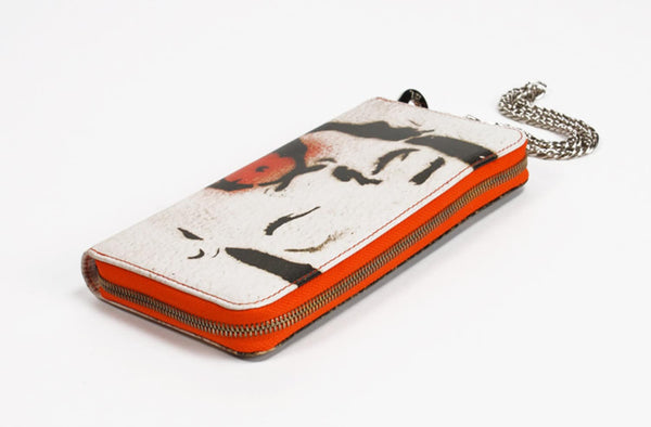 Leather Wallet Kiss Graffiti Print Zip Around with Chain Wristlet